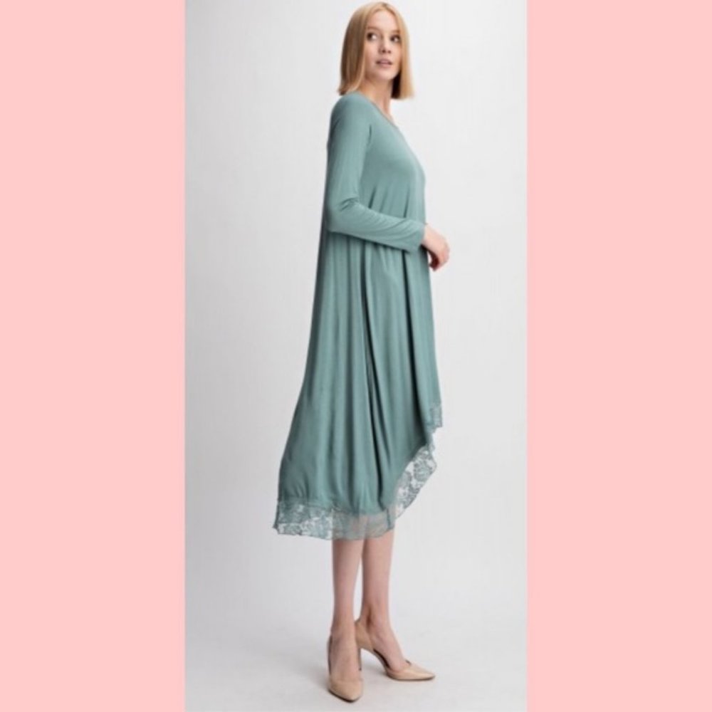 Midi Dress in Basil with Hi-Low Lace Hem NWT
